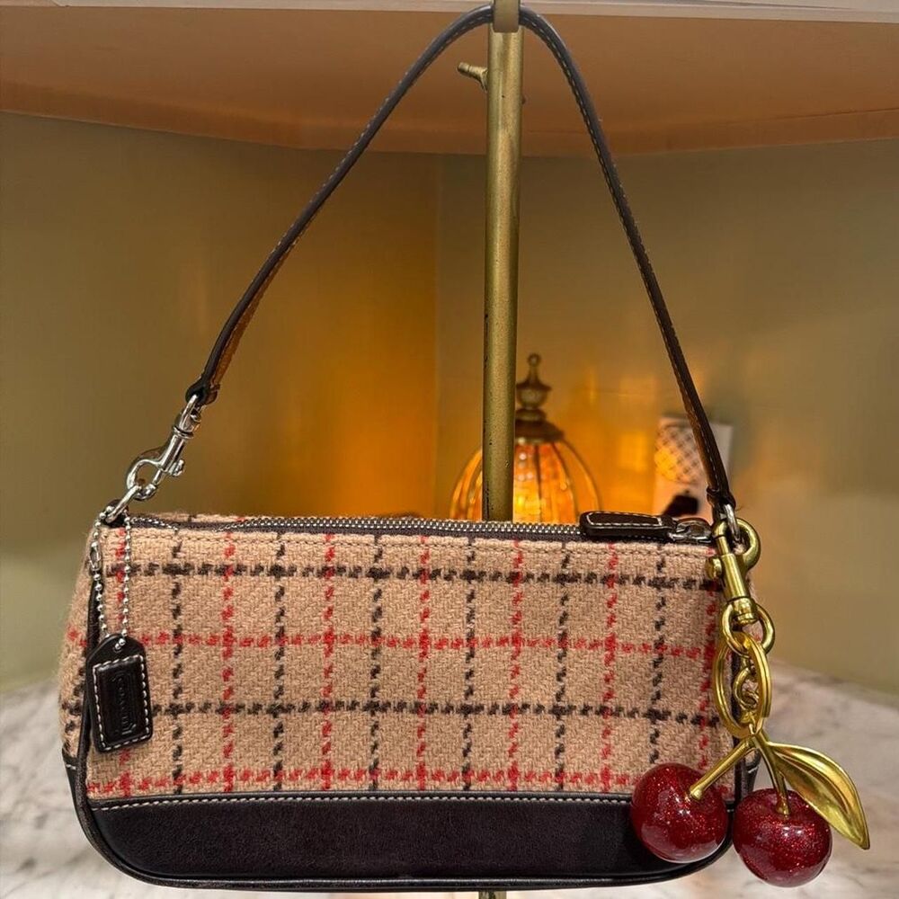Vintage rare Coach Nolita One Shoulder Bag Brown Wool Tweed Plaid Leather